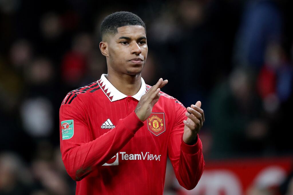 Marcus Rashford of Manchester United applauds fans after beating Burnley. Photograph: Jan Kruger/Getty