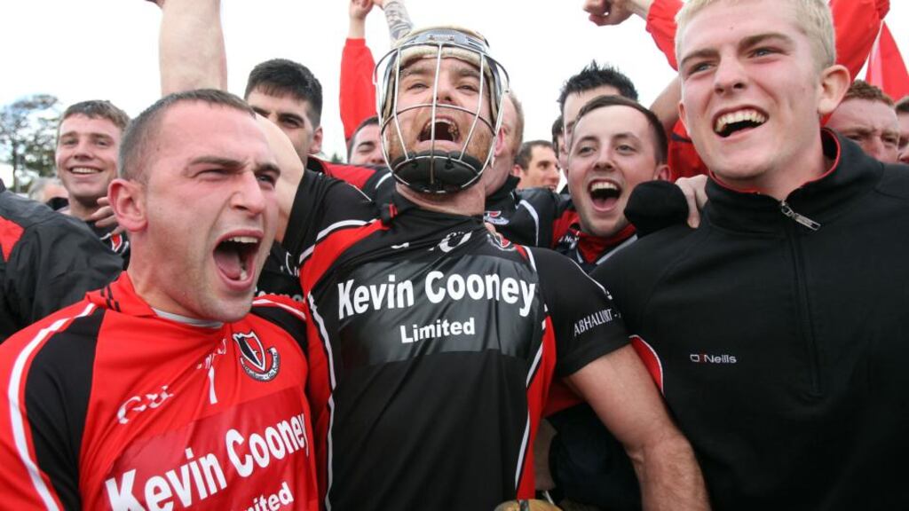 Oulart - The Ballagh’s goalkeeper Ben O’Connor celebrates with Darren Nolan after winning the Wexford County Senior Club Hurling Championship Final against Ferns St Aidan’s last month. Photograph: Dan Sheridan/Inpho