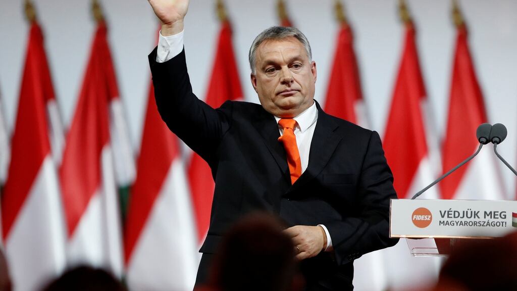 Hungarian prime minister Viktor Orban attends the ruling Fidesz party congress in Budapest, Hungary, on Sunday. Photograph: Laszlo Balogh/Reuters