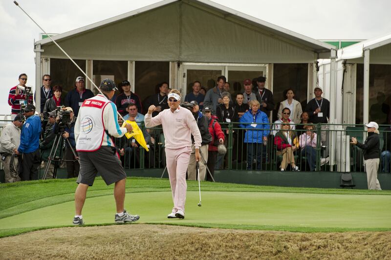 Ian Poulter celebrates after defeating Paul Casey on the 34th hole of a 36-hole final to win the 2010 Accenture WGC Matchplay tournament at Ritz-Carlton GC of Dove Mountain, Tuscon. Photograph: Fred Vuich/Sports Illustrated via Getty Images