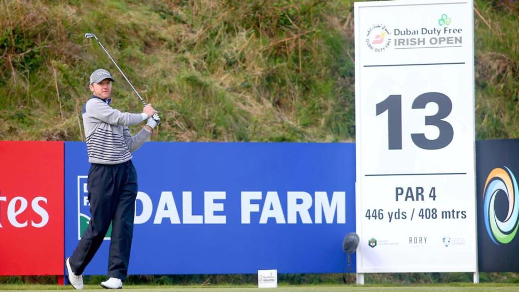 Michael Hoey plays his tee shot on the 13th during the first round. “You have to be patient. If you play match-play here you can be aggressive, go for everything, but in stroke play you can’t.” Photograph: Kevin Scott/Presseye/Inpho