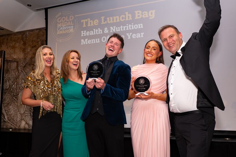 Anna Daly, MC of the night; Ger Killian, managing director at The Lunch Bag; Colin Kenny, dietitian at The Lunch Bag; Sarah Kenny, human resources at The Lunch Bag; and Ray Nangle, chief executive at The Lunch Bag. Photographer: Ruben Morrissey-Fernandez/Ruby Productions