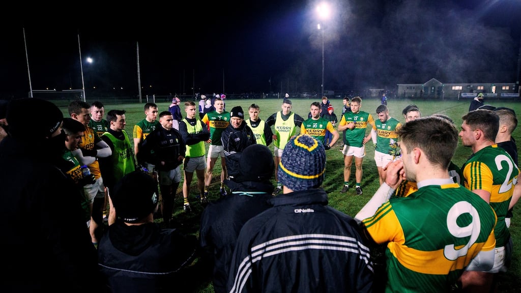 Kerry manager Jack O’Connor speaks to his team after the McGrath Cup match against Tipperary at Moyne-Templetuohy GAA Club in Tipperary. Photograph: James Crombie/Inpho