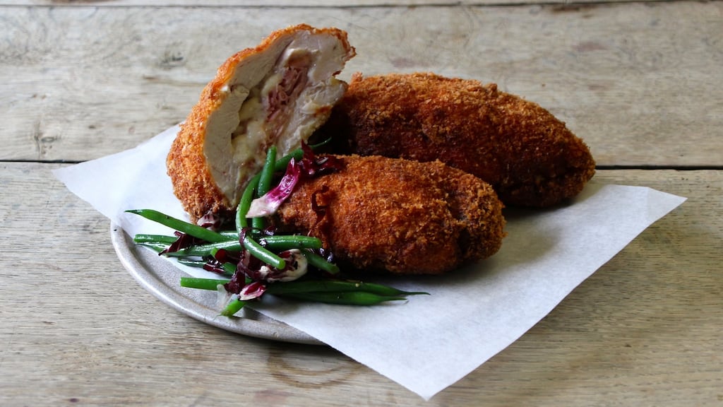 Chicken cordon bleu. Sweet and sour endive salad