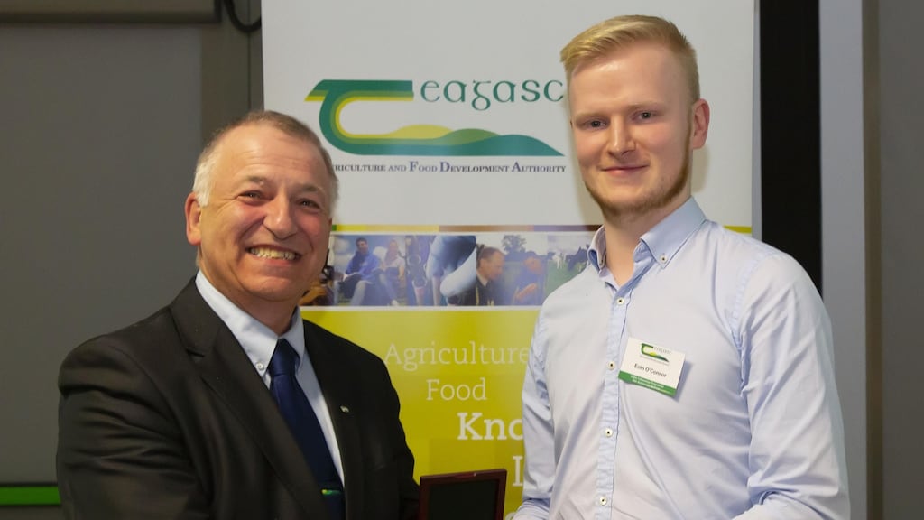 Prof Gerry Boyle of Teagasc and Eoin O’Connor, this year’s winner of the Teagasc Walsh Fellowship Medal. Photograph: Mary Browne