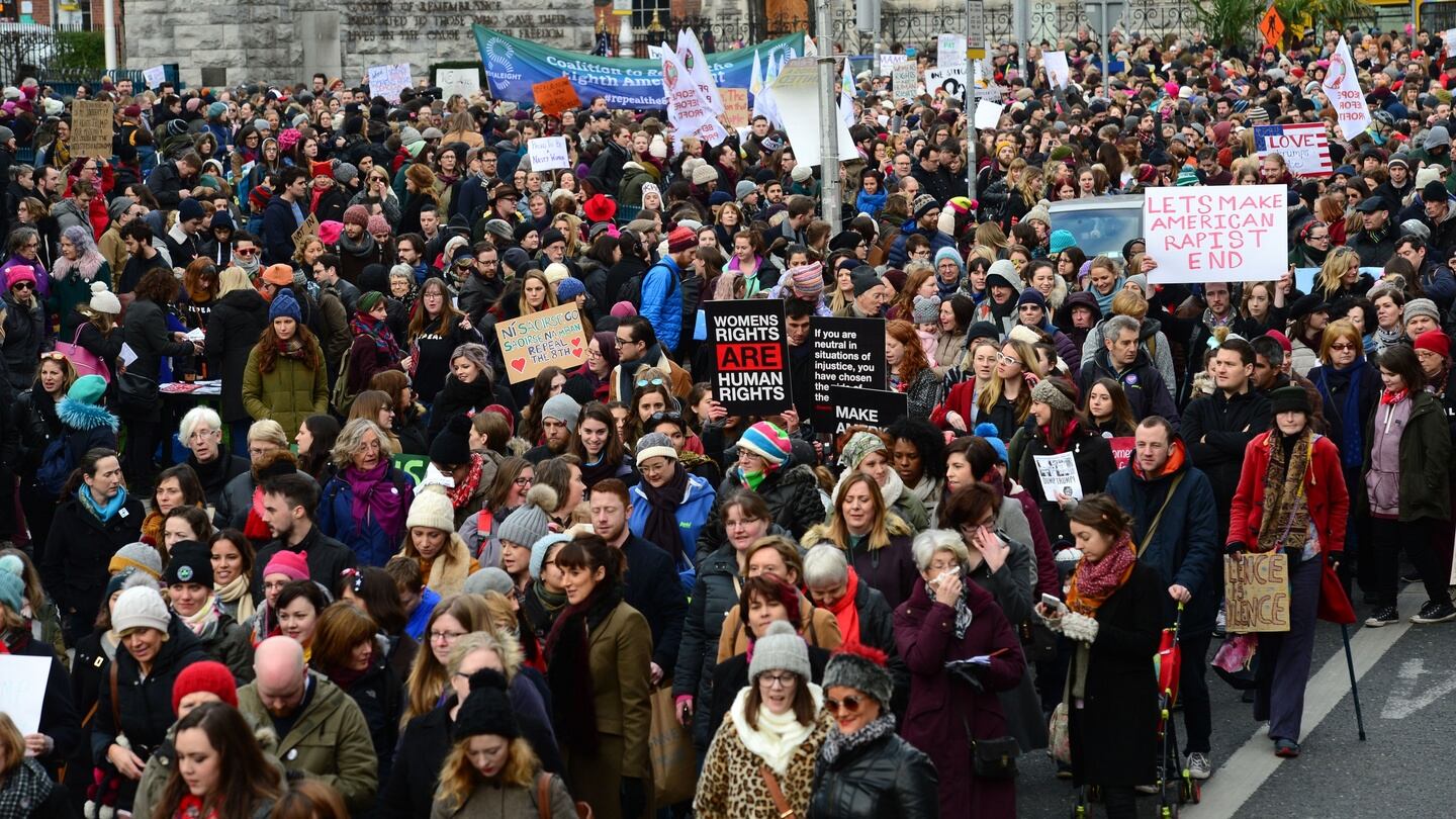 Crowds in Dublin marching in support of the international Women’s March on Washington. Photograph: Dara Mac Dónaill