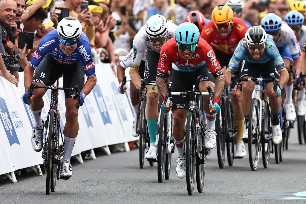 Jasper Philipsen wins the sprint finish ahead of Caleb Ewan during stage four of the Tour de France. Photograph: Anne-Christine Poujoulat/AFP via Getty Images