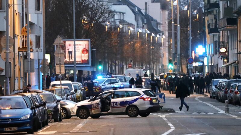 Police conduct a counter-terrorism operation in the Neudorf neighbourhood in Strasbourg, France. Photograph: Ronald Wittek/EPA