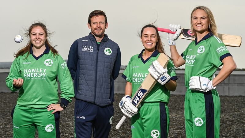 Ed Joyce with, from left, Cara Murray, Ireland captain Laura Delany and Gaby Lewis during the Ireland’s international cricket season launch. Photograph: Sam Barnes/Sportsfile