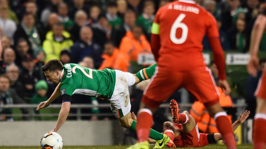Martin O’Neill has confirmed Séamus Coleman’s surgery was successful after his leg was broken in Ireland’s goalless draw with Wales. Photograph: Clodagh Kilcoyne/Reuters