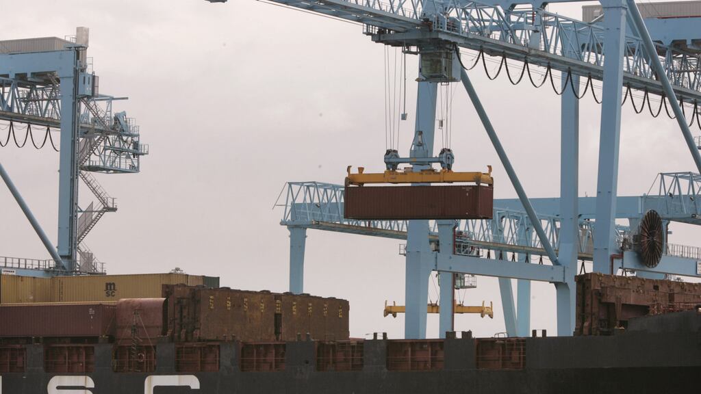 Ships in Dublin Port being loaded with goods for export. Photographer: Dara MacDonaill/Irish Times