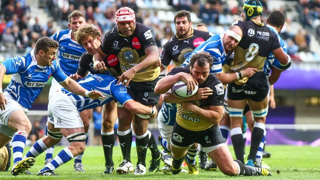Montpellier’s Bismarck Du Plessis scores his side’s opening try against Newport Gwent Dragons in the European Challenge Cup semi-final at Altrad Stadium, Montpellier, France. Photograph: Inpho