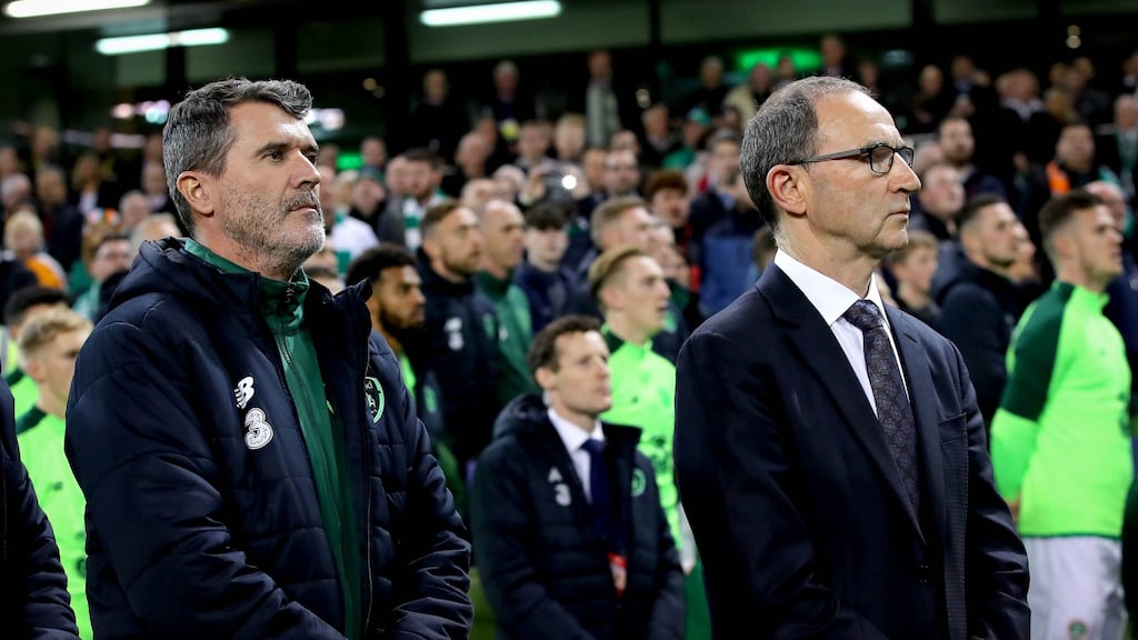 Ireland assistant manager Roy Keane and manager Martin O’Neill at the Aviva Stadium for the game against Northern Ireland. Photograph: Ryan Byrne/Inpho