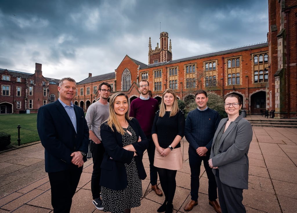 Some of the GenoME Diagnostics and investment team: Prof Paul Mullan, co-founder and chief science officer; Chris Mosedale, chief business officer; Dr Shannon Beattie, chief executive; Stuart Gaffikin, Clarendon Fund Managers; Dr Laura Feeney, co-founder; Dr Mark Street-Docherty, executive chair; and Anne Dornan, QUBIS. Photograph: GenoME