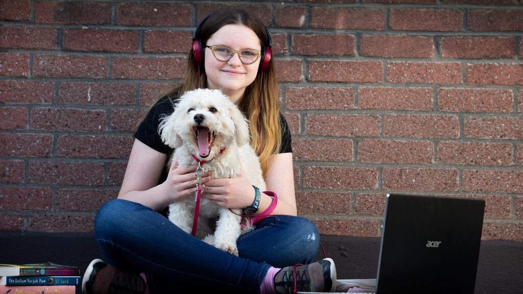 Ruby Moss   (12)  who is in lockdown in her home in Cabra, Dublin. ‘I’m enjoying not having to go out anywhere and having infinite pyjama days,’ she says. Photograph: Tom Honan