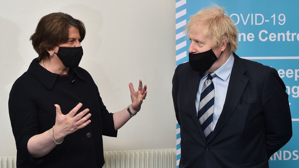 The North’s First Minister Arlene Foster and British prime minister Boris Johnson during a visit to a vaccination centre in Enniskillen, Co Fermanagh. Photograph: Charles McQuillan/PA Wire