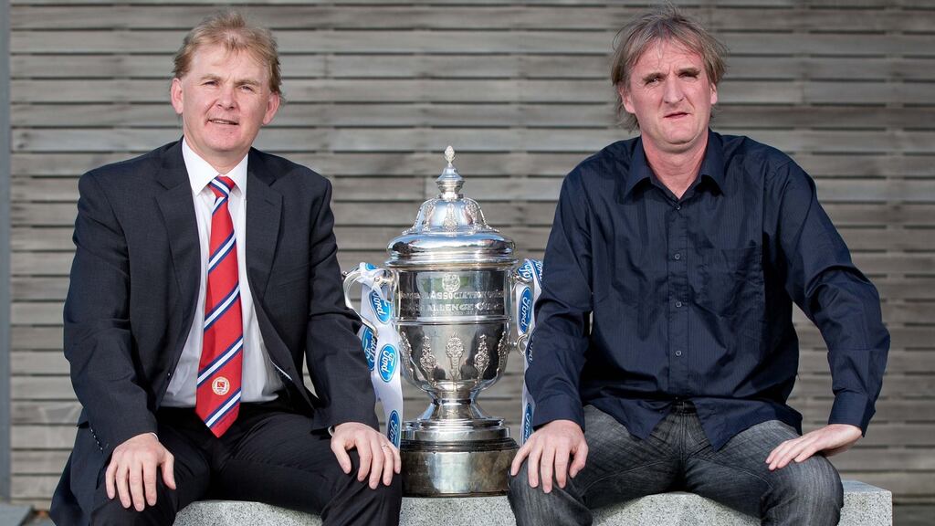 Finn Harps manager Ollie Horgan (above right): “Damien McNulty was admitted to hospital after the game and Kevin McHugh won’t recover in time.” Photograph: Morgan Treacy/Inpho