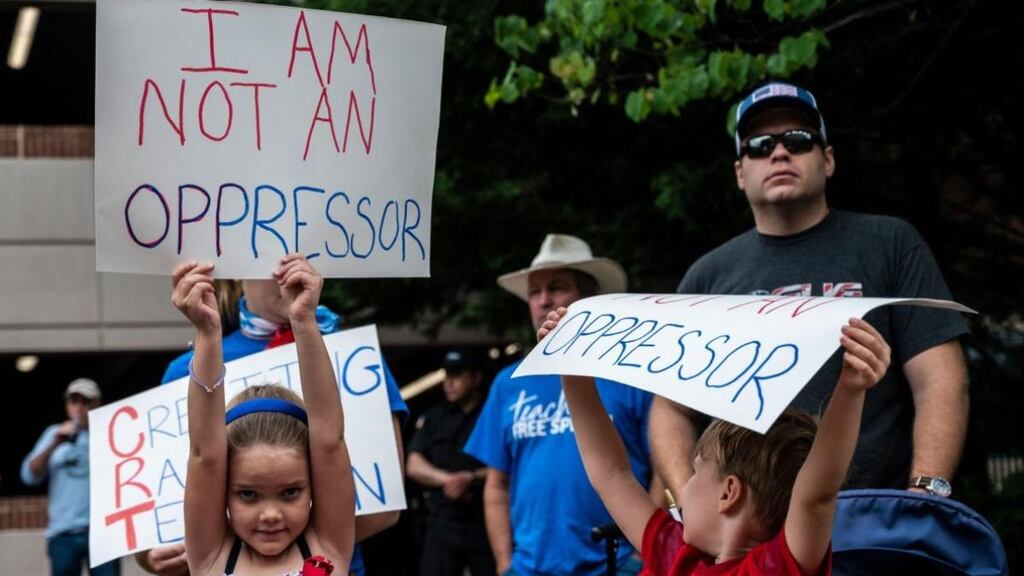A rally against Critical Race Theory (CRT) being taught in schools in Leesburg, Virginia. Underpinning CRT, Malik argues, is 'social pessimism', or the idea 'that racism is permanent'. Photograph: Andrew Caballero-Reynolds/AFP via Getty Images