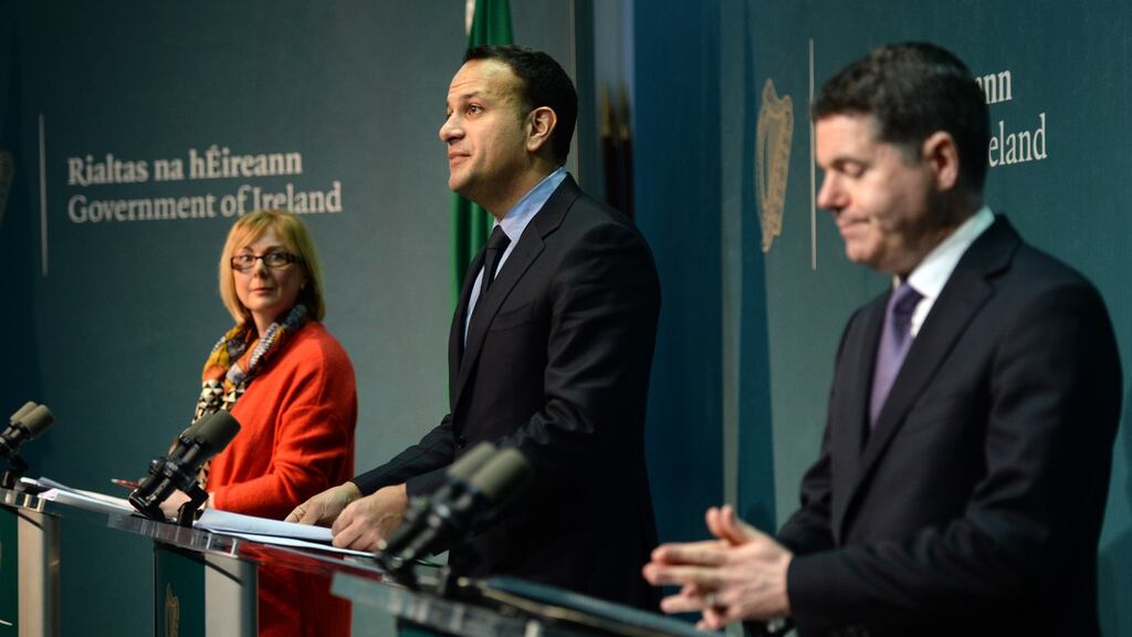 Minister for Employment Affairs and Social Protection Regina Doherty, Taoiseach Leo Varadkar and Minister for Finance Paschal Donohoe, announce major changes to pensions in Ireland, on Wednesday. Photograph: Dara Mac Dónaill