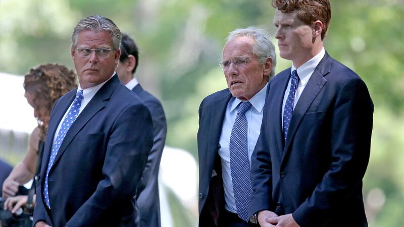 Kennedy family members, from left: Ted Kennedy Jr, Joe Kennedy Jr, and Joe Kennedy III, at the funeral mass for Saoirse Kennedy Hill. Photograph: David L Ryan/The Boston Globe/Pool via Reuters