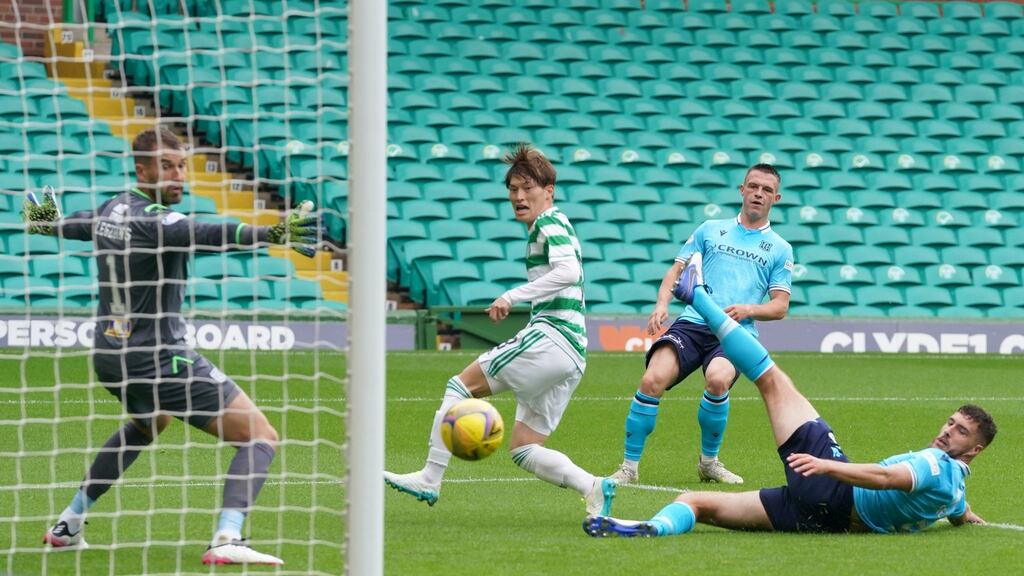 Celtic’s Kyogo Furuhashi scored a hat-trick during his side’s rout of Dundee. Photograph: Jane Barlow/PA