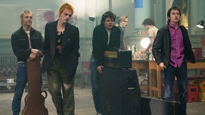 Jacob Slater as Paul Cook, Anson Boon as John Lydon, Toby Wallace as Steve Jones and Christian Lees as Glen Matlock in Pistol. Photograph: Miya Mizuno/FX