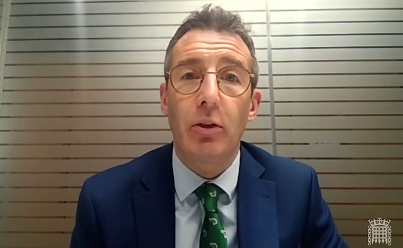 Stormont Agriculture, Environment and Rural Affairs Minister Andrew Muir appears before the Northern Ireland Affairs Committee at Westminster to talk about the environmental crisis at Lough Neagh in Northern Ireland. Photograph: House of Commons/PA Wire