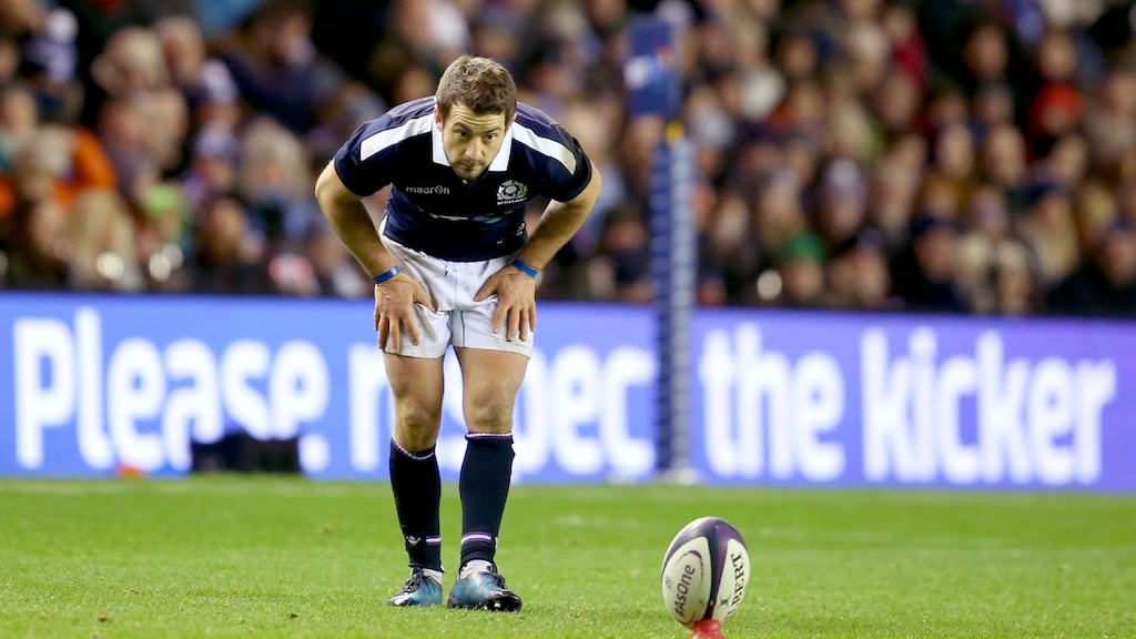 Scotland’s Greig Laidlaw prepares to take a penalty kick at the BT Murrayfield Stadium, Edinburgh. Photograph: PA