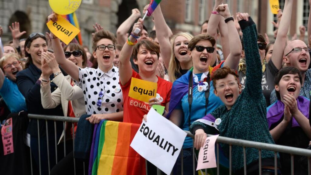 Celebrations in the court yard at Dublin Castleduring the results of the Referendum on Marriage Equality.Photograph: Dara Mac Dónaill / The Irish Times