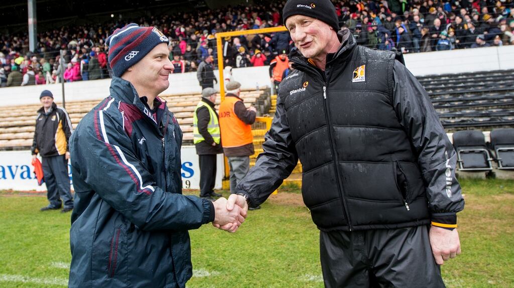 Galway’s manager Michael Donoghue shakes hands with Kilkenny boss Brian Cody after the league encounter in March. Photograph: James Crombie/Inpho