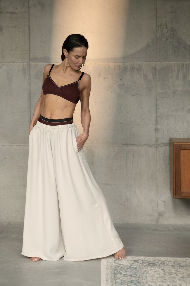 Stone culottes in satin back crepe with elasticated waistband €230, worn with By Sophie X plunge bra €69 and high waisted brief €45, all from Helen McAlinden