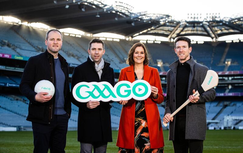 Football analysts, former Donegal star Michael Murphy and Kerry's Marc Ó Sé with GAAGO presenter Gráinne McElwain and hurling analyst Limerick's Seamus Hickey at the announcement of the 2023 GAAGO fixtures and presenters. Photograph: Ryan Byrne/Inpho