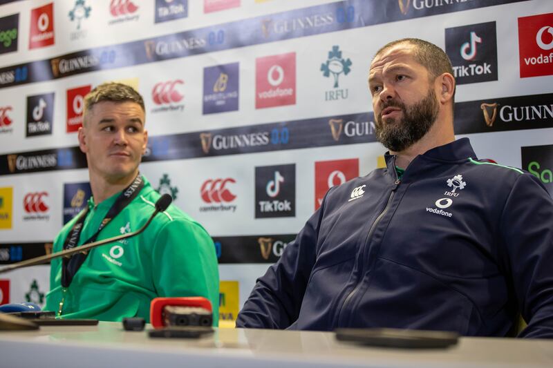 Ireland captain Johnny Sexton listens to head coach Andy Farrell at the post-match press conference. Photograph: Morgan Treacy/Inpho