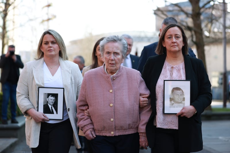 Bridie Brown, the wife of Sean Brown with his daughters Siobhan Brown (right) and Claire Loughran (left) outside the Royal Courts of Justice, Belfast, after the Court of Appeal ruled the UK government's failure to order a public inquiry into the murder of GAA official Sean Brown in 1997 was unlawful.  Photograph: Liam McBurney/ PA Wire