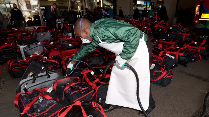 Thee British & Irish Lions’ gear being sanitised upon arrival in South Africa on Monday. Photograph: Dan Sheridan/Inpho
