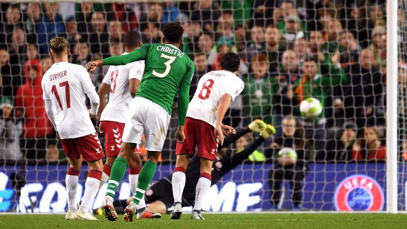 Cyrus Christie draws a save from Kasper Schmeichel during Ireland’s 0-0 draw with Denmark. Photograph: Mike Hewitt/Getty