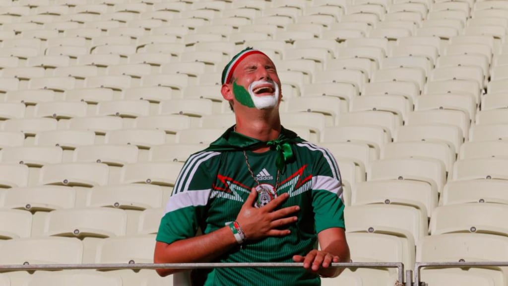 A distraught Mexican fan after their defeat at the hands of the Netherlands in Fortaleza. Photograph: EPA