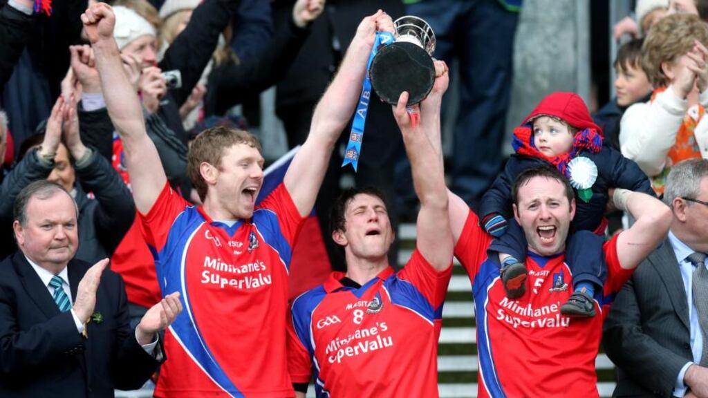 St Thomas’ Robert Murray, Kenneth Burke and Enda Tannin lift the trophy after victory over Kilcormac-Killoughey in the AIB All-Ireland Club Senior Hurling Final at Croke Park. Photograph: Ryan Byrne/Inpho