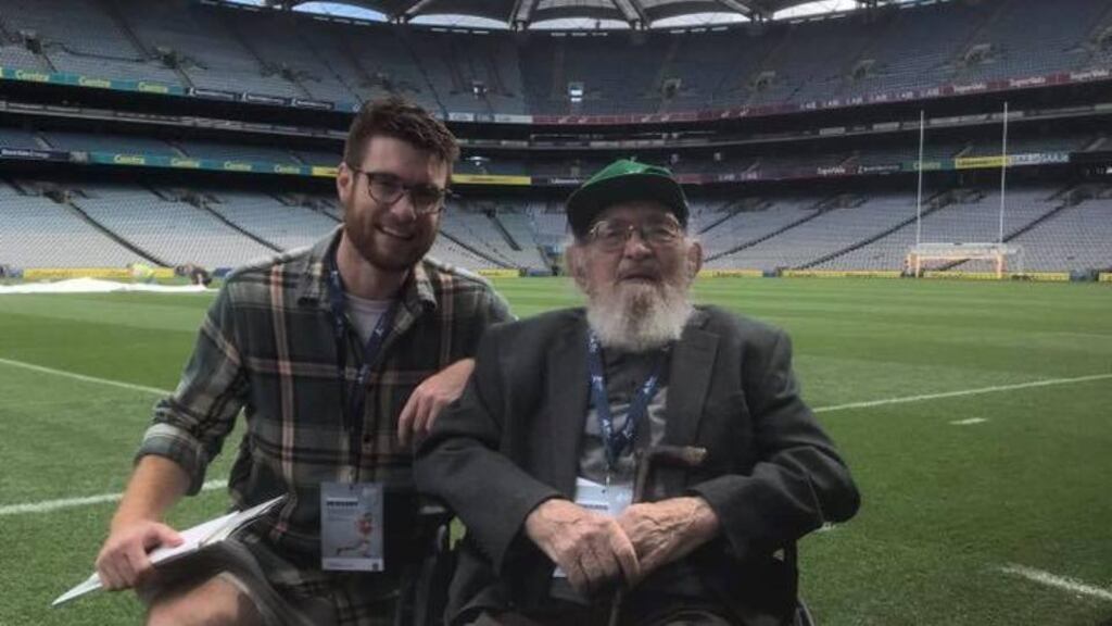 Limerick supporter John Hunt (right) visits Croke Park with his grandson, Edward, before last year’s All Ireland final. Photograph: Tom Sheehy/Limerick Hurling Club, Chicago