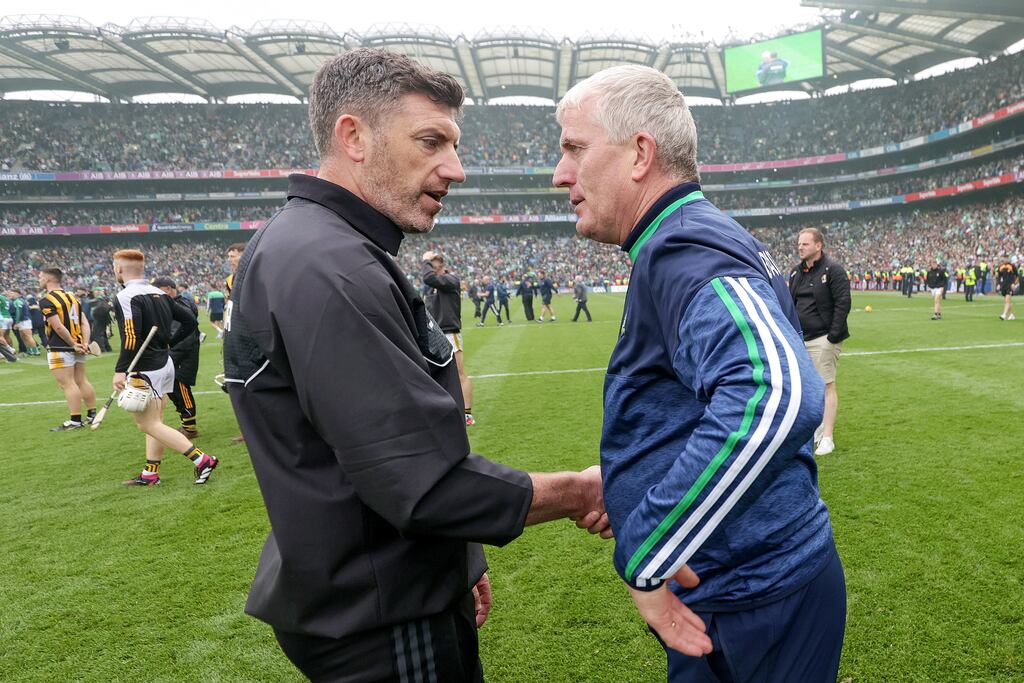 Kilkenny manager Derek Lyng and Limerick manager John Kiely shake hands after the 2023 All-Ireland final. Kiely will be aiming to lead Limerick to a fifth consecutive title this year. Photograph: Laszlo Geczo/Inpho