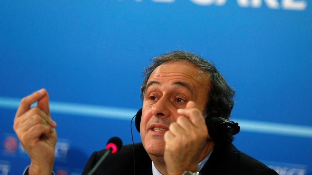 Uefa president Michel Platini speaks during a news conference after the Executive Committee meeting in Sofia. Photograph: Stoyan Nenov/Reuters