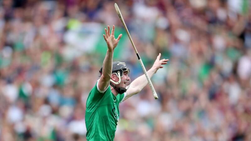 Declan Hannon celebrates at the final whistle. Photograph: Bryan Keane/Inpho