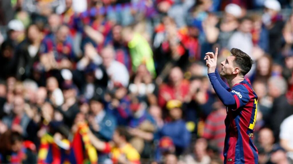 Barcelona’s Lionel Messi celebrates a goal against Rayo Vallecano at the Camp Nou. Photo: Albert Gea/Reuters