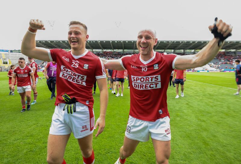 Cork's Steven Sherlock and Brian O'Driscoll celebrate after beating Roscommon in the All-Ireland SFC preliminary quarter-finals. Photograph: Lorraine O’Sullivan/Inpho