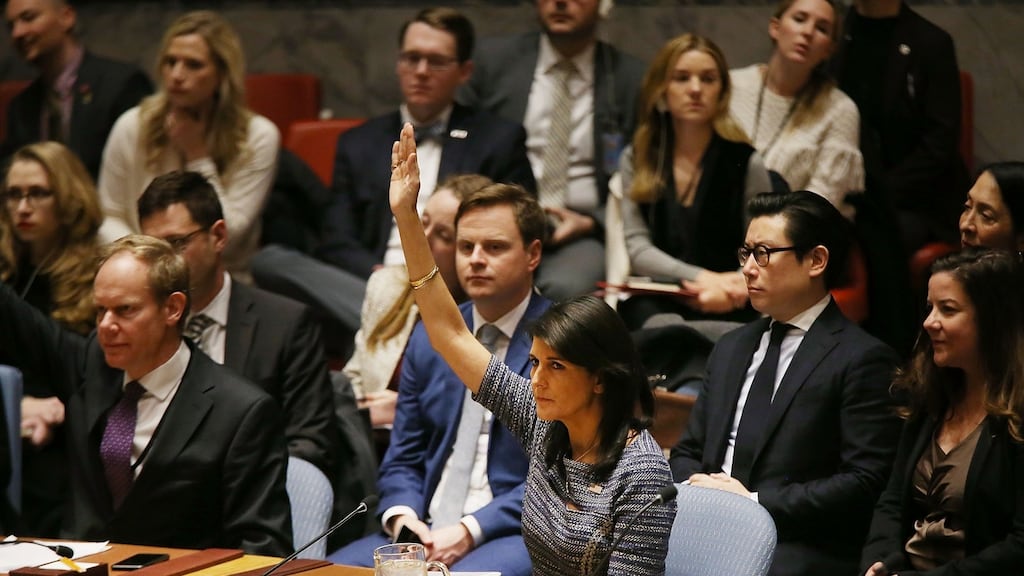 Nikki Haley, the US ambassador to the UN, votes with other members of the United Nations Security Council to impose new sanctions on North Korea, on Friday, in New York City. Photograph: Spencer Platt/Getty Images