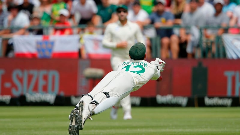 South Africa wicketkeeper Quinton de Kock ( misses a catch from a shot played by England’s Ben Stokes during the fourth day of the second Test at Newlands in Cape Town. Photograph: Marco Longari/AFP via Getty Images