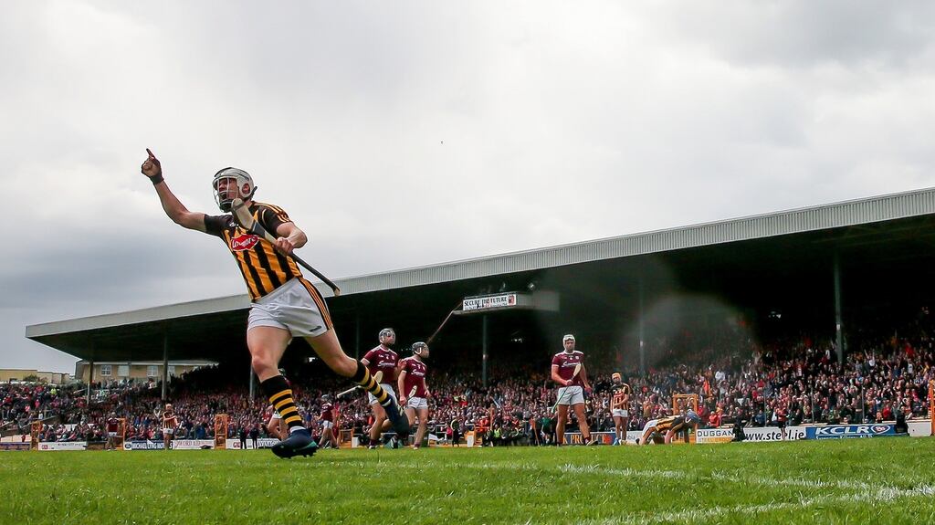 TJ Reid celebrates one of his two goals against Galway at Nowlan Park. Reid is responsible for 56.8 per cent of Kilkenny’s scores so far in the championship. Photograph: Morgan Treacy/Inpho