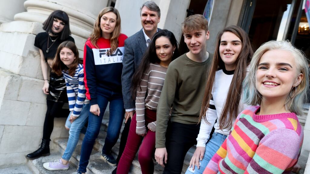 Dr Niall Muldoon, the Ombudsman for Children with, from left Amy Hunter, Aoibheann Mangan, Katie McKenna, and from right Margaret Ward, Fearghal O’Mahony, Grace Murphy and Sinead Pollak celebrating World Children’s Day. Photograph: Maxwell