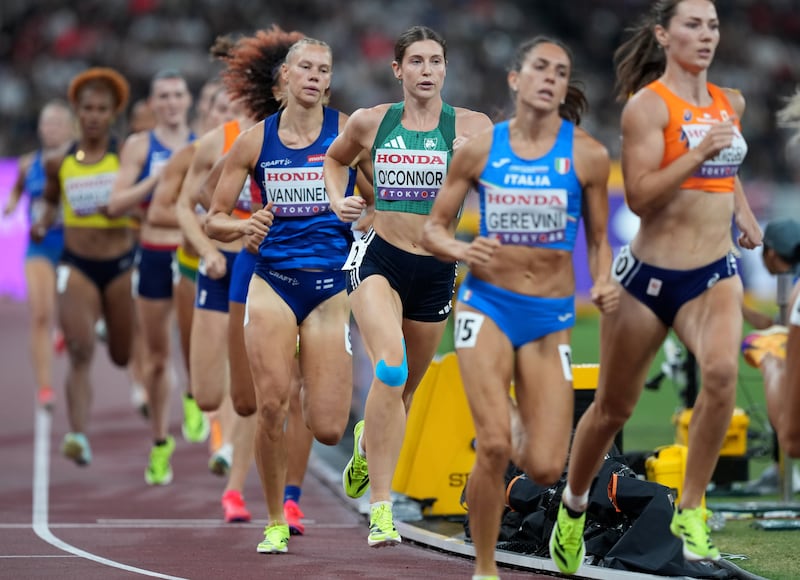 Ireland's Kate O'Connor tracks the leaders in the 800 metres. Photograph: Martin Rickett/PA Wire.