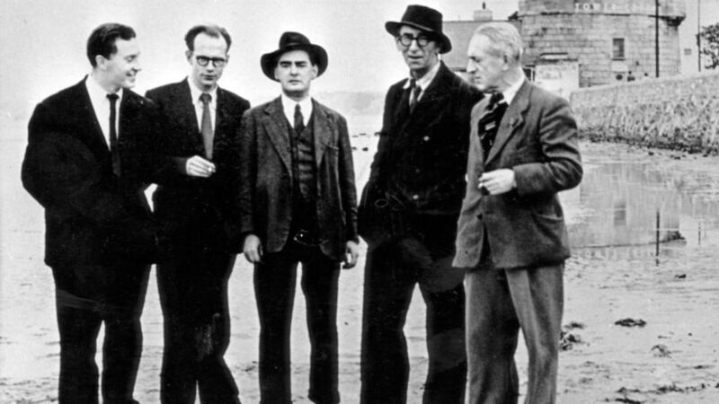 From left: John Ryan, Anthony Cronin, Flann O’Brien aka Myles na Gopaleen, Patrick Kavanagh and Tom Joyce, on Sandymount Strand on Bloomsday 1954.